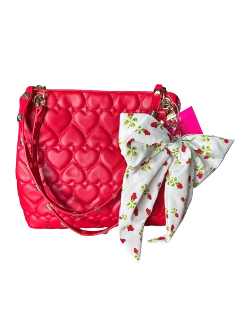 Betsey Johnson Red Heart-Quilted Shoulder Bag with Floral Bow Charm - Picture 2 of 7